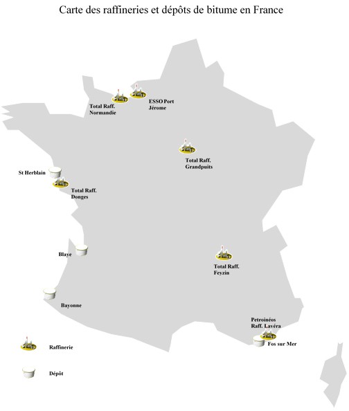 carte raffineries dépôts bitume France
